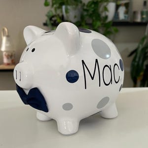 Piggy Banks for boys personalized, piggy banks for boys, Dark Blue and Light Gray dots, Gray piggy bank, money counter, coin holder