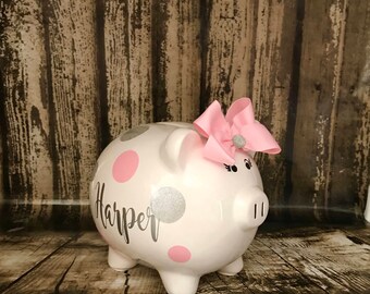 Personalized Large pink and glitter silver polka dots piggy bank,girl bank, birthday banks custom, baby's first bank,girls bank,baby shower