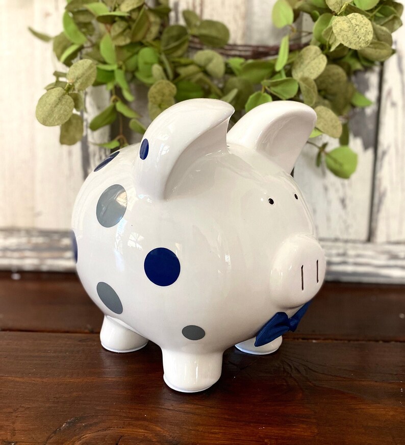 Personalized Large Piggy Bank for Boys Dark Blue Gray Polka Etsy