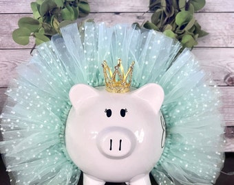 Personalized Mint polka dot Handmade tulle tutu, piggy bank, piggy banks for Girls, piggy bank, crown and tutu bank, polka dot, coin bank