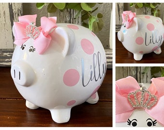 Personalized Large Light Pink Polka dot piggy bank, piggy banks for girls, polka dot bank, 1st bank,girls bank,baby shower,piggy bank