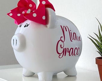 Personalized Piggy banks for girls, unisex piggy bank, banks for adults,   polka dot bow piggy bank, piggy bank piggy bank for kids, coin