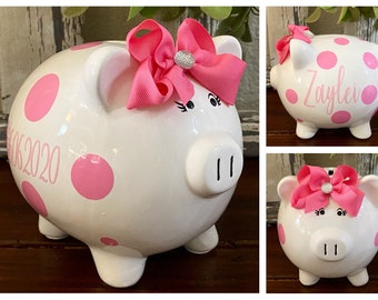 Personalized Large Pink polka dot piggy bank, piggy banks for girls, polka dot bank, 1st bank,girls bank,baby shower,piggy bank