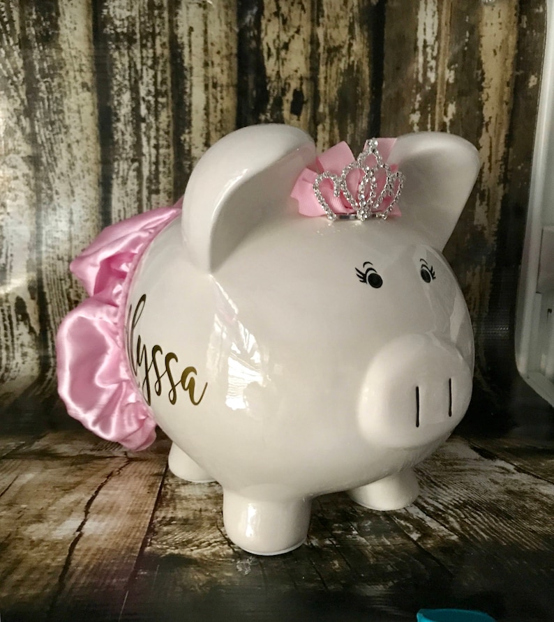 Large Personalized Pink Piggy Bank Girl Piggy Bank With Crown Etsy