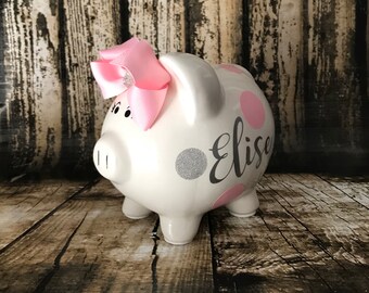 Personalized Small Pink and Glitter silver polka dots,piggy bank for girls,birthday banks,custom banks, baby's first bank, baby shower gift