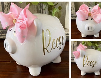 LARGE Personalized Piggy bank, girl bank, bank for girls, polka dot bow piggy bank,custom piggy banks, baby's first piggy bank, piggy bank