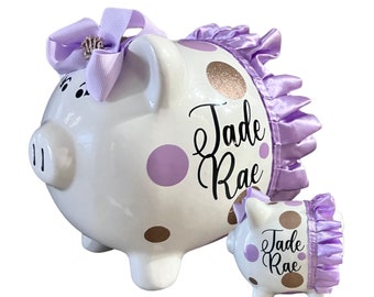 Personalized Large Piggy Bank, Lavender and Gold Polka dot bank, piggy banks for girls,polka dot bank bank,girls bank,baby shower,piggy bank