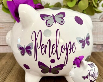 Large personalized Butterfly piggy bank, piggy banks for girls, piggy bank, butterfly themed nursery, pink butterflies,baby shower