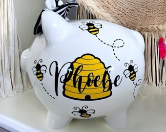 Personalized Bumblebee piggy bank, piggy bank, bumble bee hive coin bank, piggy banks for girls, bee bank, honey comb bank, boys piggy banks