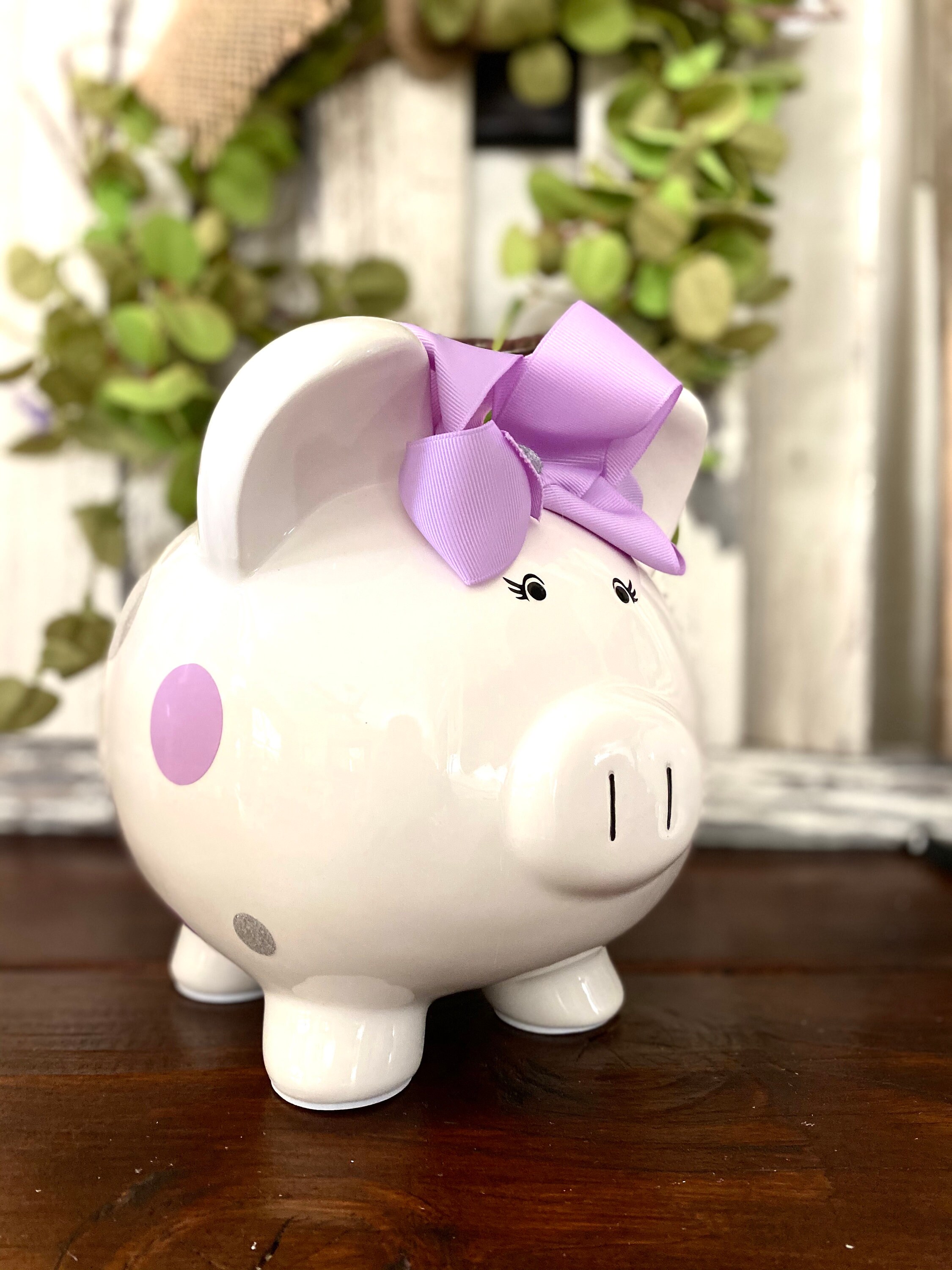 Extra Large piggy bank Lavender and Gray polka dot piggy Etsy