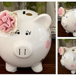 Large Personalized Burlap Rose Piggy bank, Banks for girls, piggy bank, polka dot bank, birthday , custom piggy banks, baby's first bank,