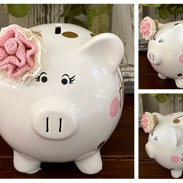 Large Personalized Burlap Rose Piggy bank, Banks for girls, piggy bank, polka dot bank, birthday , custom piggy banks, baby's first bank,