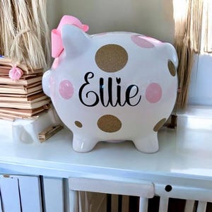Personalized Large Piggy Banks for girls, Light Pink and Gold dots, Baby&#39;s first birthday, Baby shower gift, piggy bank, girls piggy bank