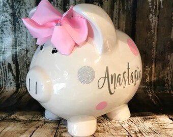 Large Piggy Bank Pink and Glitter Silver polka dots,piggy bank,piggy bank for girls, birthday, custom banks, baby's first piggy bank