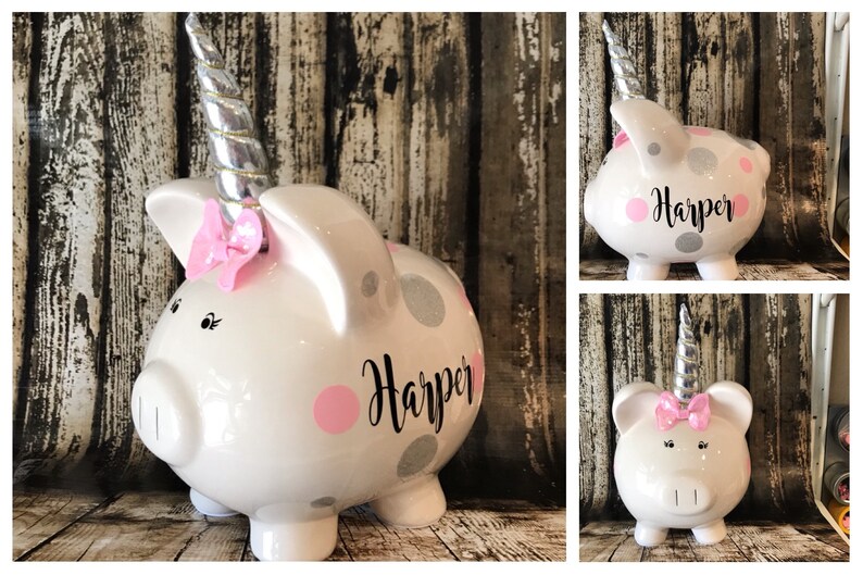 Large Personalized Unicorn Piggy Bank Light Pink and Silver Etsy