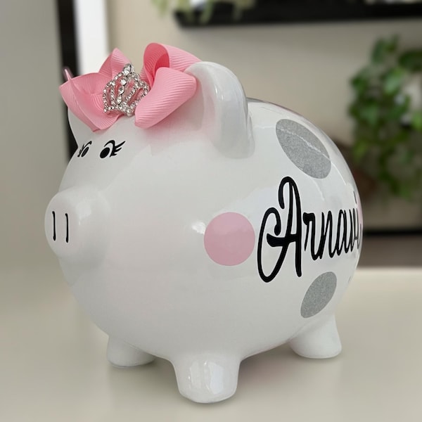 Personalized piggy bank for girls, piggy bank, Light Pink and Glitter piggy bank, polka dot bank, bank, girls bank, baby shower, kids bank