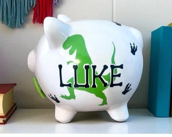 Dinosaur Piggy Banks for boys personalized, dinosaur piggy banks for boys, Tyrannosaurus Rex piggy bank, counter, coin holder, personalized