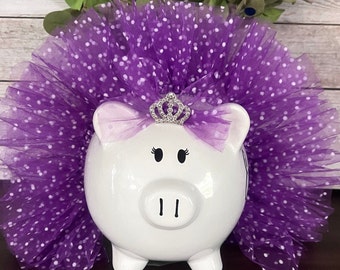 Large Personalized Purple polka dot Handmade tulle tutu, piggy bank, banks for Girls, piggy bank, ballerina dancer bank, polka dot bank