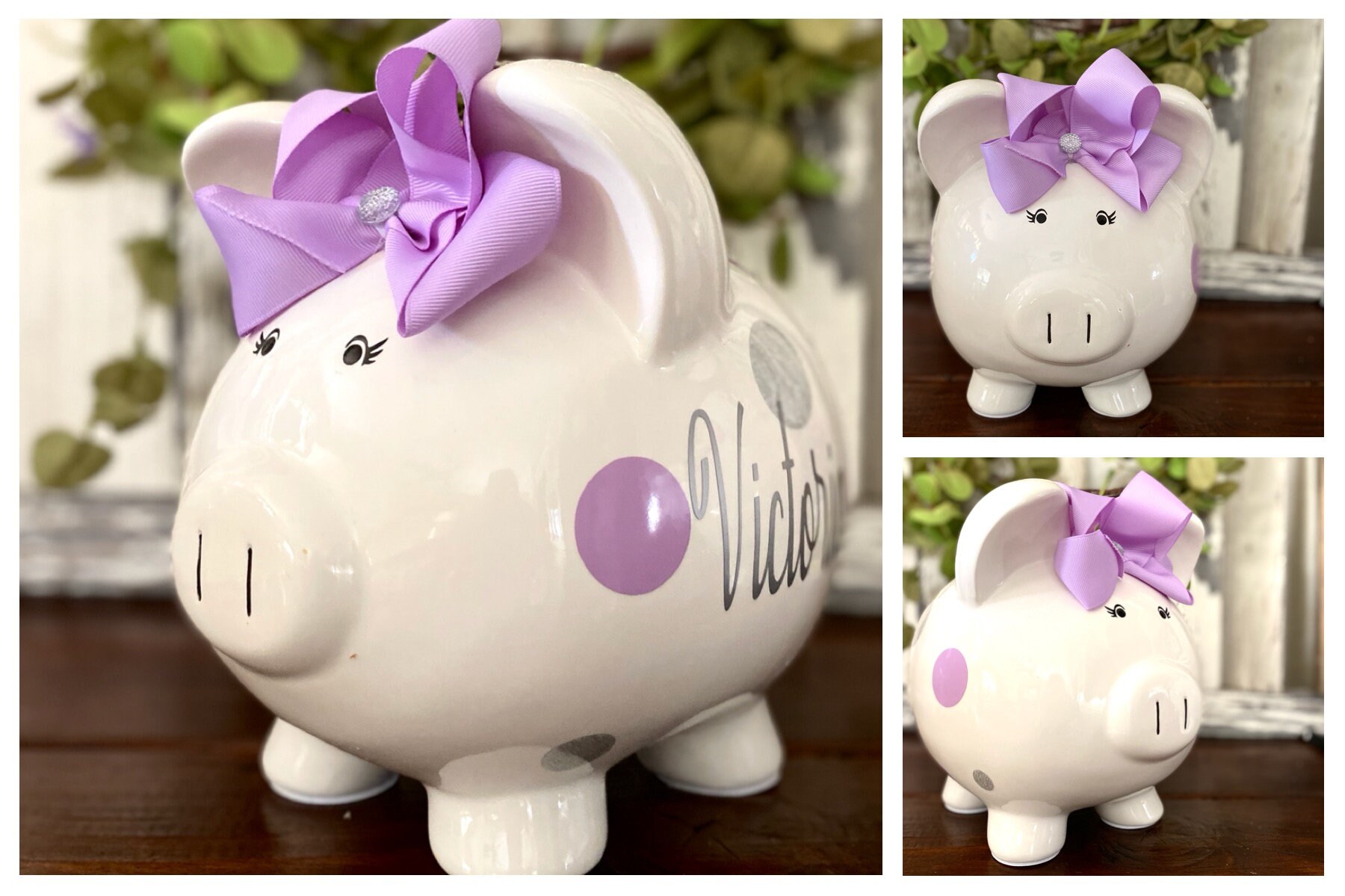 Extra Large piggy bank Lavender and Gray polka dot piggy Etsy