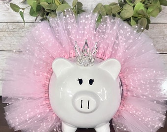 Personalized Light Pink polka dot Handmade tulle tutu,piggy bank, banks for Girls,piggy bank, crown and tutu bank, polka dot bank, coin bank