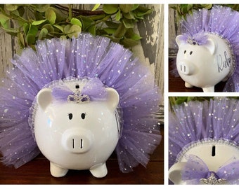 Personalized Large Piggy Bank, Lavender crystal tulle tutu bank, piggy banks for girls, Piggy bank, custom banks, baby's first piggy bank