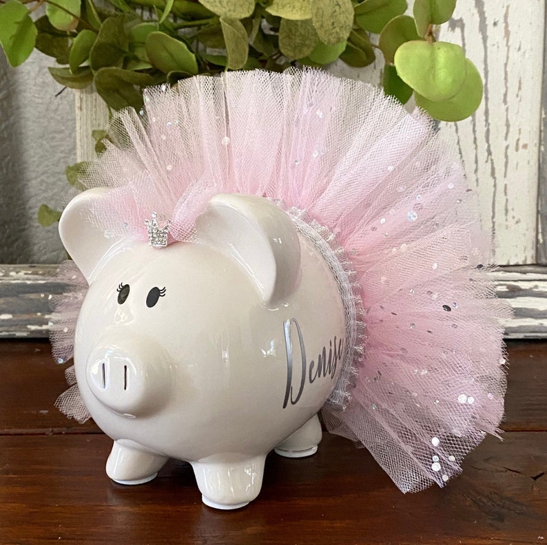 Personalized Light Pink Piggy Bank, Pink tutu, piggy banks for girls, Piggy bank, custom banks, baby's first piggy bank image 3