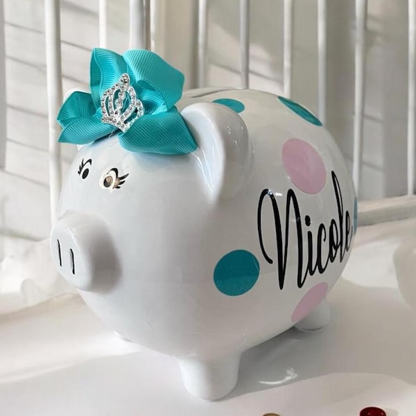 Personalized Piggy bank, Piggy banks for girls, Light Pink and Silver glitter polka dot piggy bank, piggy bank, coin bank
