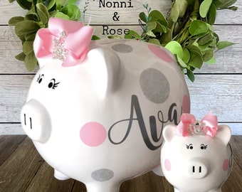Personalized Large Light Pink and Glitter piggy bank, piggy banks for girls, polka dot bank, 1st bank,girls bank,baby shower,piggy bank