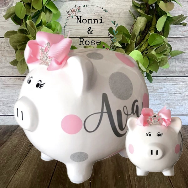 Personalized Large Light Pink and Glitter piggy bank, piggy banks for girls, polka dot bank, 1st bank,girls bank,baby shower,piggy bank