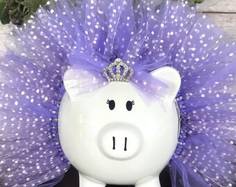 Personalized Dark Lavender polka dot Handmade tulle tutu, piggy bank, banks for Girls, piggy bank, ballerina dancer bank, polka dot bank