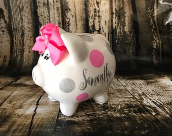 Personalized Small Pink and Glitter silver polka dots,piggy bank for girls,birthday banks,custom banks, baby's first bank, baby shower gift