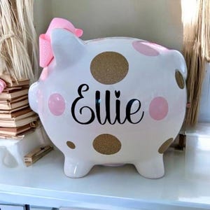 Personalized Large Piggy Banks for girls, Light Pink and Gold dots, Baby's first birthday, Baby shower gift, piggy bank, girls piggy bank