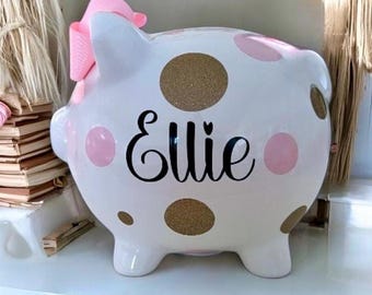 Personalized Piggy Banks for girls - piggy banks - Light Pink and Gold dot bank - Baby shower gift. - girls piggy bank, banks for kids