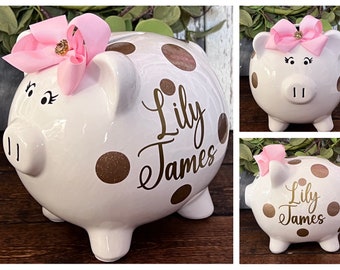 Large Personalized Gold Glitter polka dot piggy bank, girl bank,piggy banks for girls birthday banks, custom banks, baby's first piggy bank