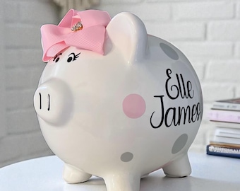 Personalized Large Piggy Banks for girls, piggy bank for kids, Light Pink polka dots, Baby's first birthday, piggy bank, kids piggy bank