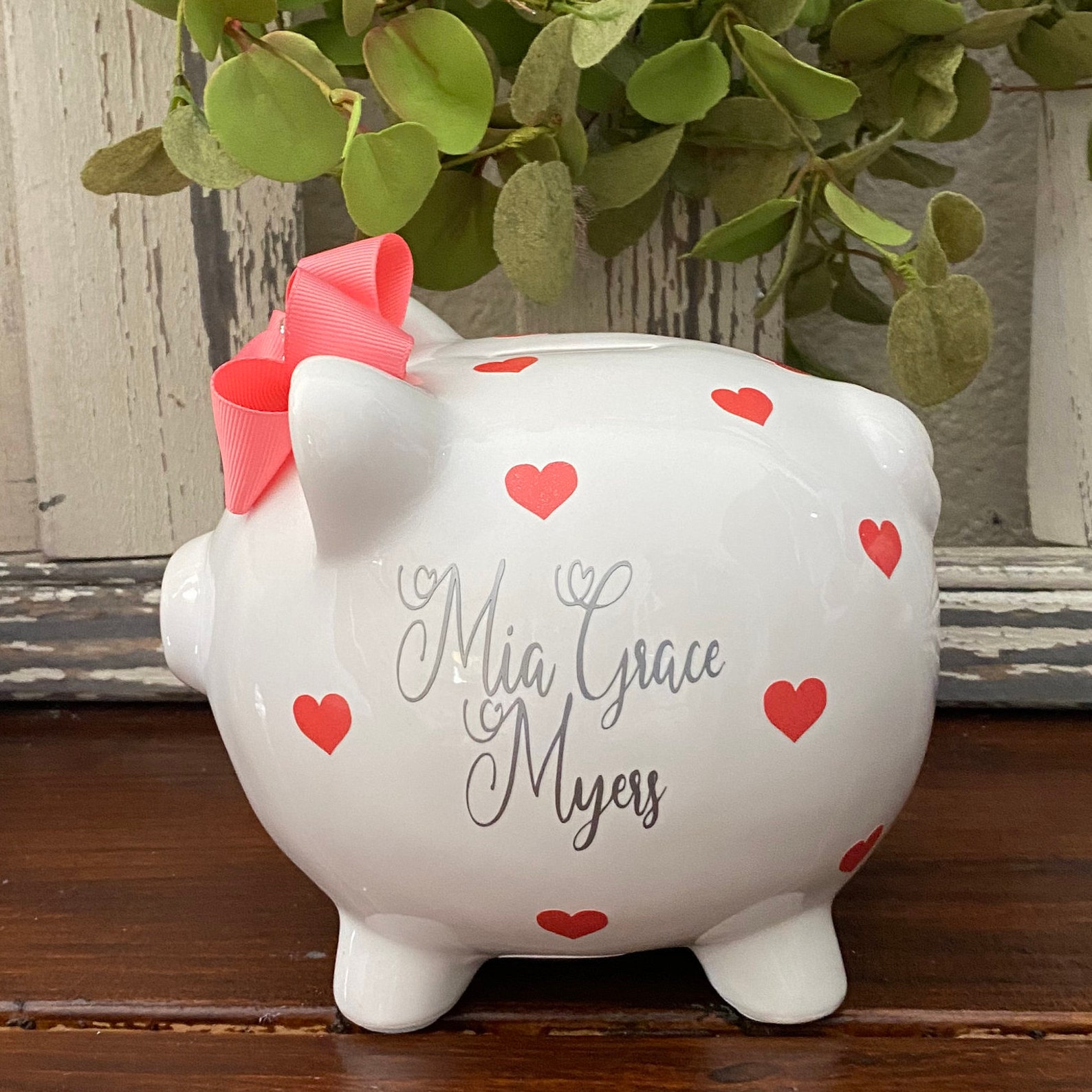 Personalized Heart Piggy Bank Hot Pink