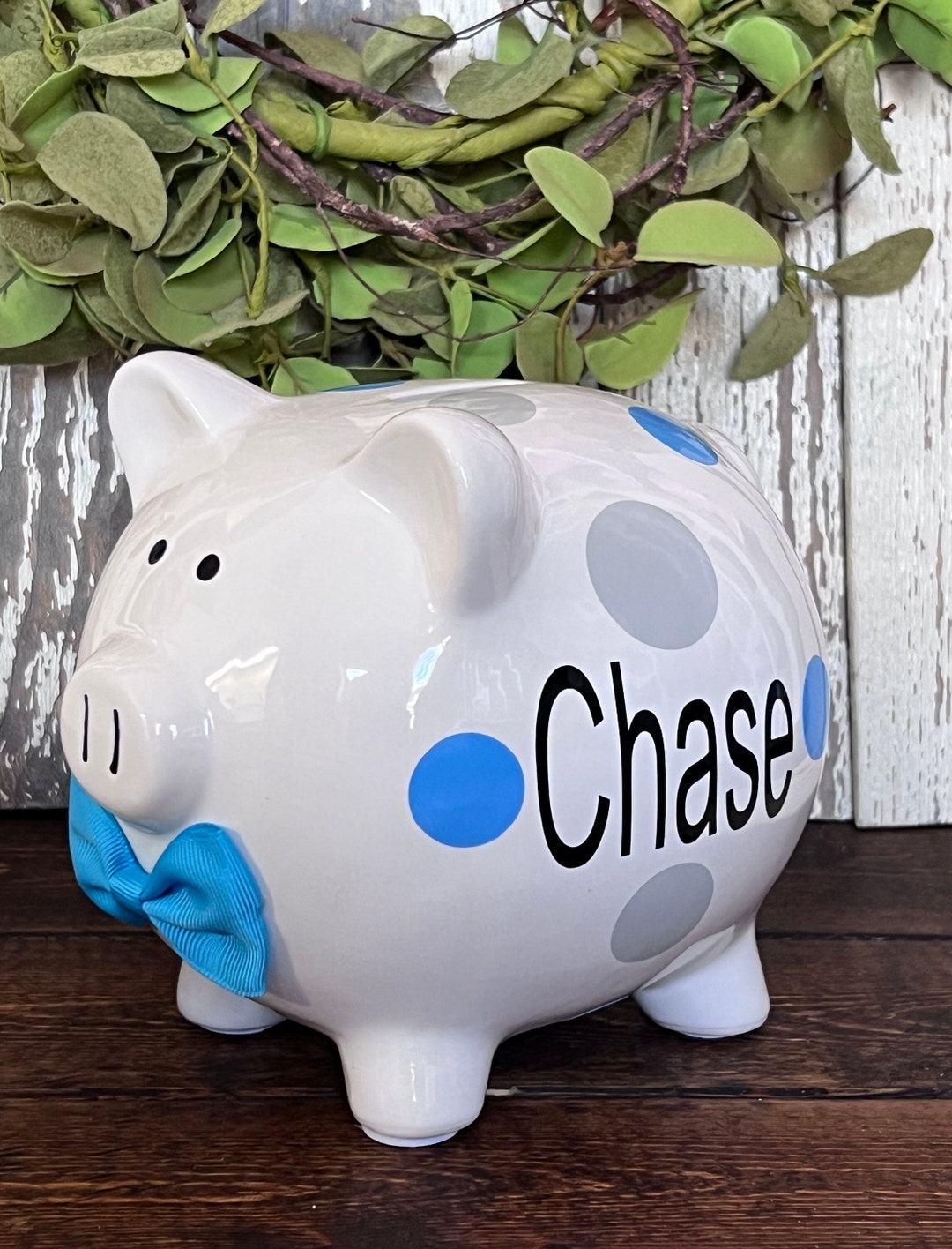 Personalized Boys Piggy Bank, Piggy Banks for Boys, Light Grey and Ice