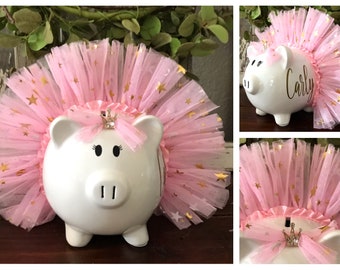 Large Personalized Pink Piggy bank, piggy banks for girls, Star tutu bank, tulle piggy bank, ballerina bank, piggy bank,baby shower piggy