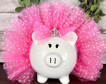 Personalized Bubblegum polka dot Handmade tulle tutu, piggy bank, banks for Girls, piggy bank, ballerina bank, polka dot bank, coin banks