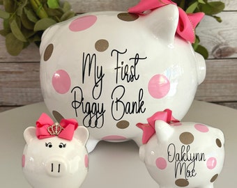 LARGE Personalized Piggy bank. My First piggy bank, Piggy Banks for girls,1st birthday, baby shower gift, newborn bank, Polka dot bank