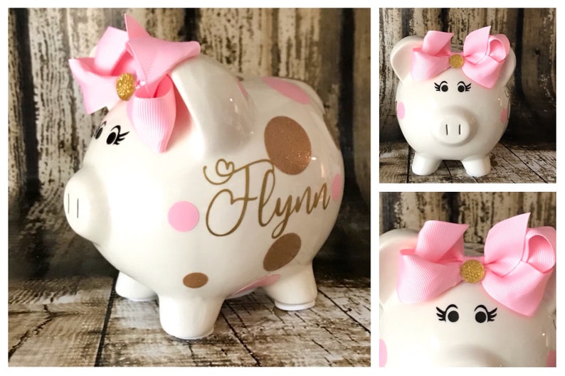 Personalized Large Piggy Banks for girls, Light Pink and Gold polka dots, Baby's first birthday, Baby shower gift, piggy bank image 1