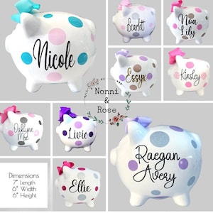 Personalized Large Piggy Banks for girls, Light Pink and Gold polka dots, Baby's first birthday, Baby shower gift, piggy bank image 2