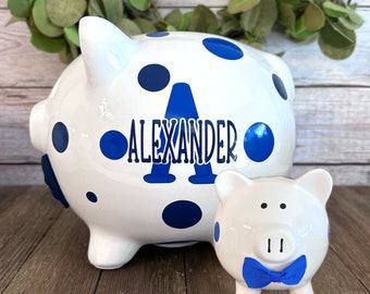 Large Personalized piggy bank, initial piggy bank, banks for boys, polka dot piggy bank, money counter, coin holder, piggy banks for boys