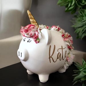 LARGE Personalized Unicorn Piggy Bank, gold horn unicorn,piggy bank, piggy banks for girls, unicorn lovers bank, unicorn themed