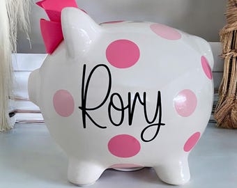 Personalized Pink Piggy Bank for girls - Piggy Banks for girls - polka dot bank - First bank - banks for kids - pink bank - baby’s bank