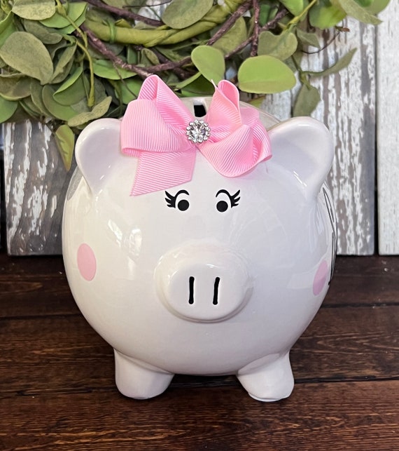 Large Piggy Bank Light Pink and Glitter Silver Polka Dots piggy