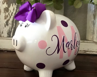 Personalized Piggy Banks for girls, Purple and Light Pink banks for girls, piggy bank, Daisy bank, polka dot. Monogram bank