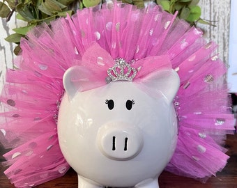 Large Personalized Pink polka dot tulle tutu, piggy bank,banks for Girls, piggy bank,,ballerina dancer bank, polka dot bank