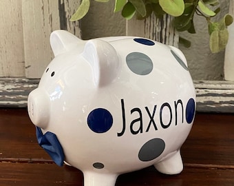 Personalized Boys Piggy Bank, piggy banks for boys, Dark Blue and Gray dots, college fund, Gray piggy bank,money counter, coin holder