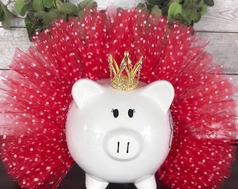 Personalized Red polka dot Handmade tulle tutu, piggy bank, banks for Girls, piggy bank, crown and tutu bank, polka dot bank, coin banks